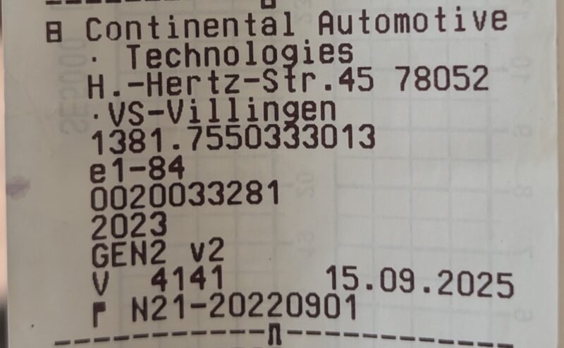 उदाहरण: VDO टैकोग्राफ प्रिंटआउट हेडर, जिसमें Continental Automotive निर्माता विवरण और GEN2 v2 पीढ़ी चिह्न दिखाया गया है